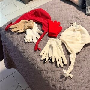 Kids Winter Hat and Gloves Set - Red, White, and Tan